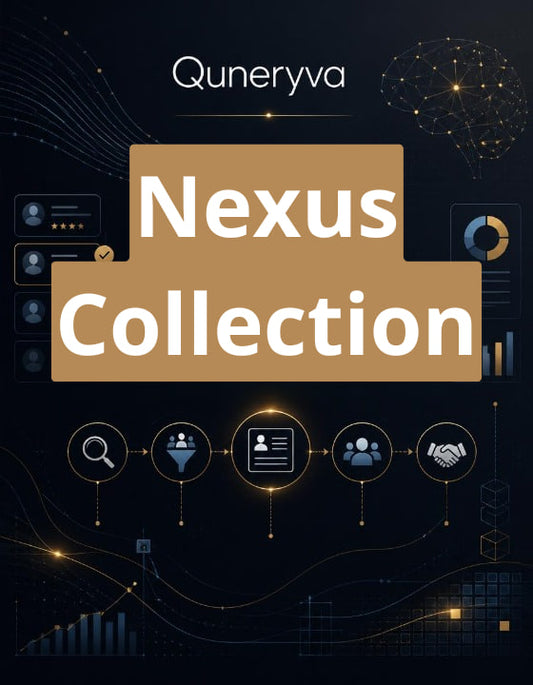 A digital cover graphic for 'Nexus Collection' by Quneryva, featuring a dark navy background with gold and beige graphic elements, charts, and icons.