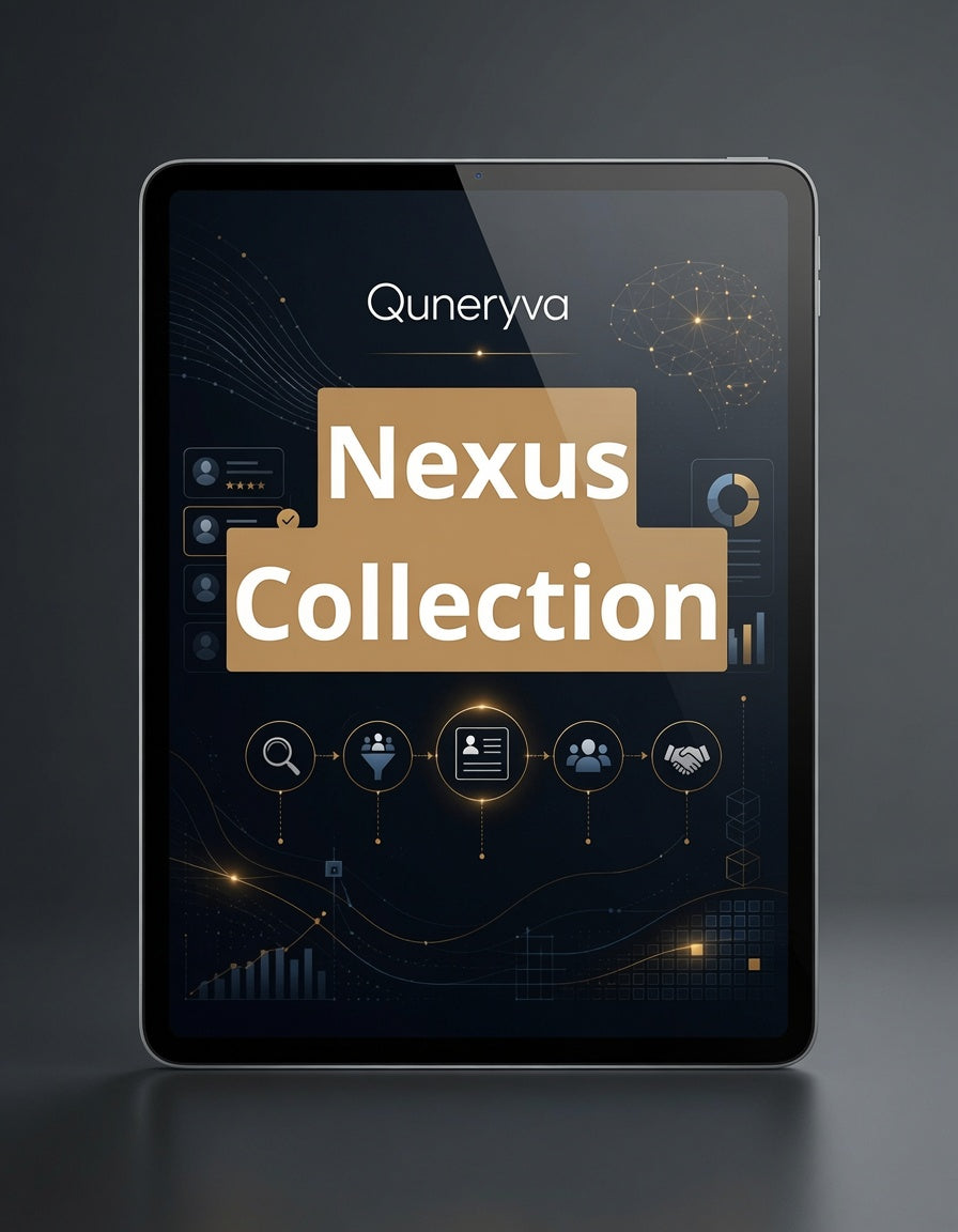 A tablet device displaying a dark interface with the text 'Quneryva Nexus Collection' and several app-style icons, shown against a dark gray studio background.