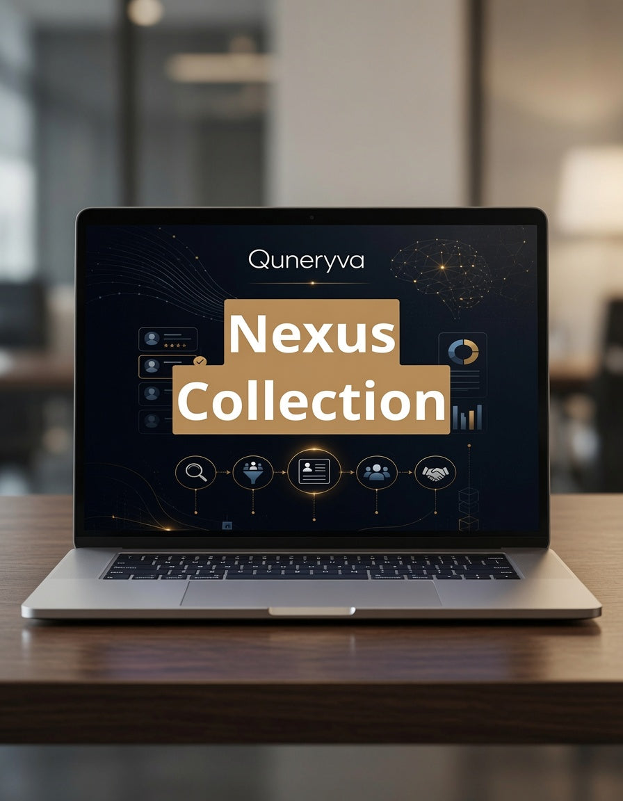 An open silver laptop sits on a wooden table in a blurred indoor setting, displaying a dark interface with the text 'Quneryva Nexus Collection' in white and beige.