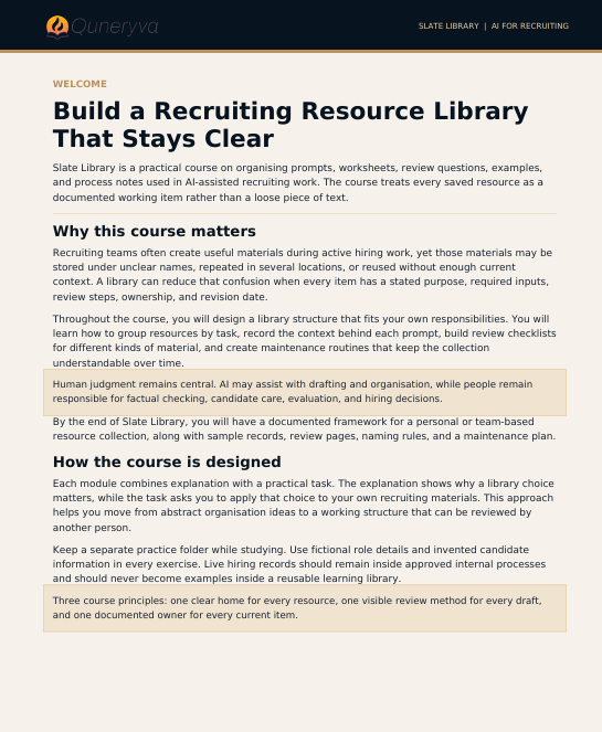 A document page titled 'Build a Recruiting Resource Library That Stays Clear' from Slate Library for AI recruiting, featuring text sections and a small diagram on a white background with the Durenyia logo at the top left.