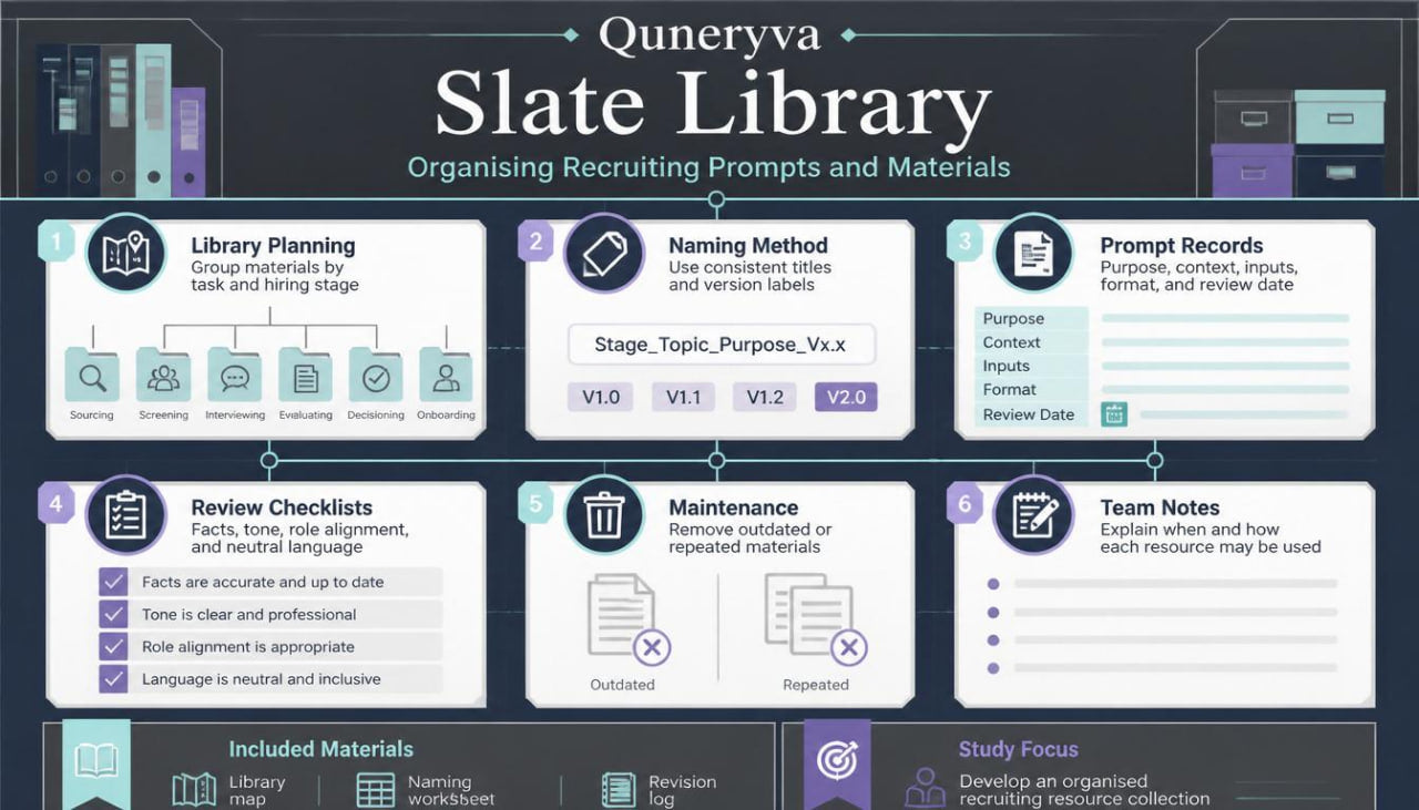 An infographic poster titled 'Qunerva Slate Library' outlining a guide to organising recruiting prompts and materials, featuring various labeled boxes with icons and text on a dark navy background.