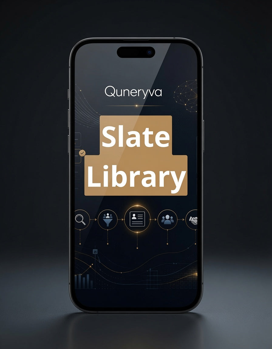 A black smartphone centered on a dark studio background, displaying the 'Quneryva Slate Library' app interface with gold and white text and dashboard icons on the screen.