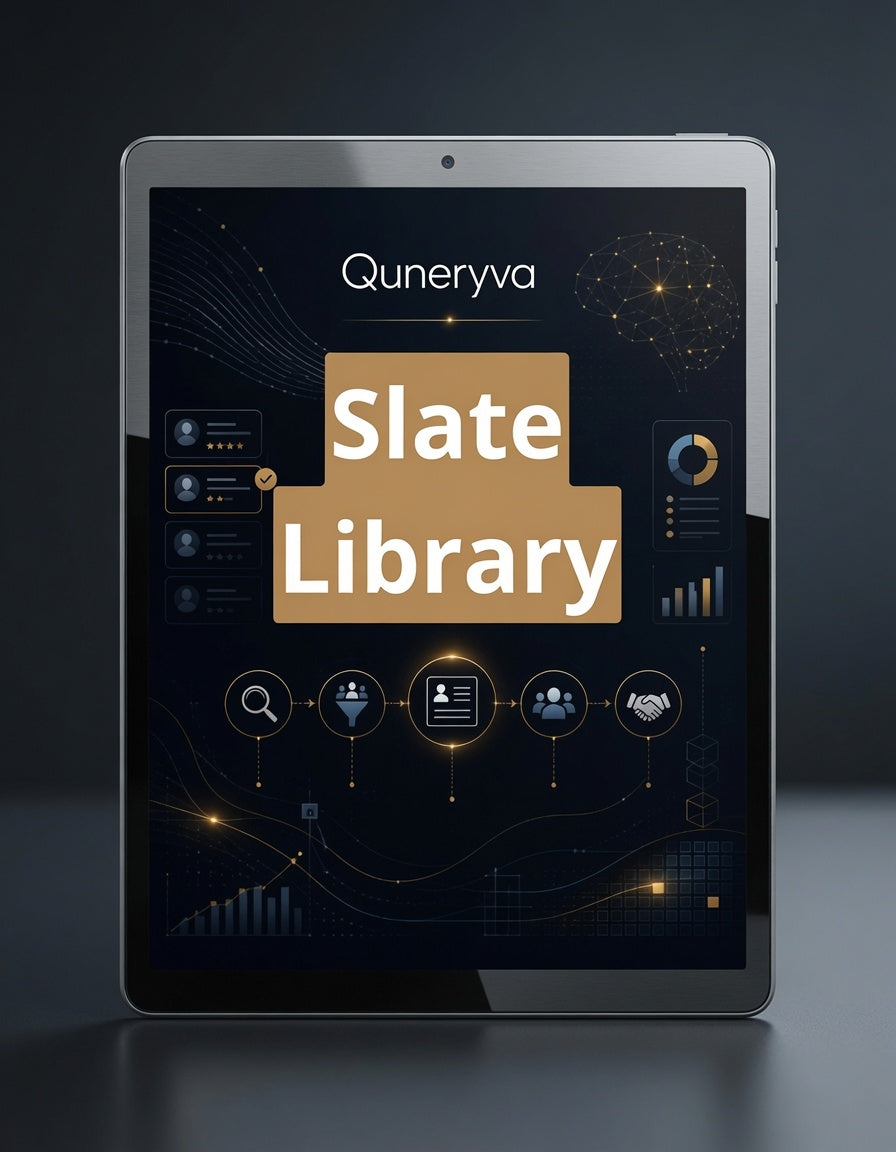 A tablet device shown from the front on a dark studio background, displaying a software interface with the text 'Quneryva' and a large 'Slate Library' card.