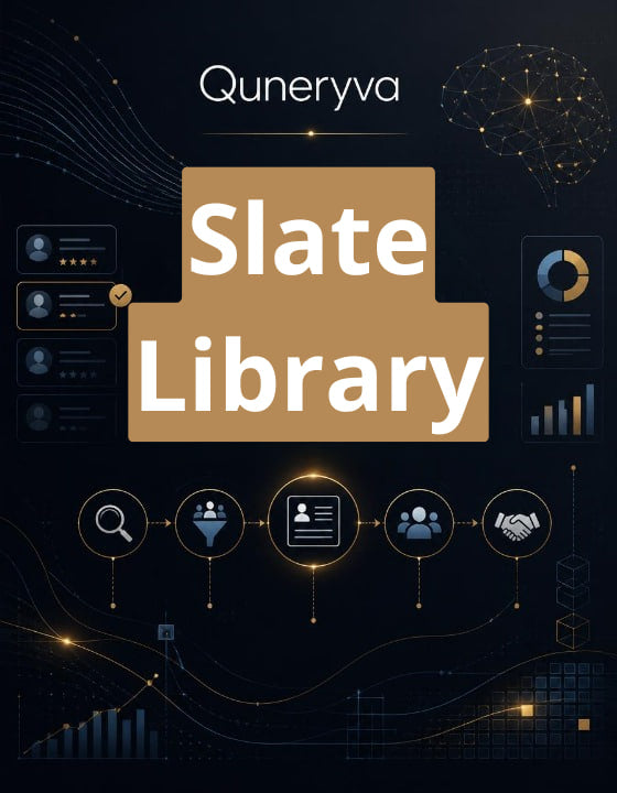 Digital cover graphic for 'Slate Library' by Quneryva, featuring a dark navy background with gold and beige UI-style graphics, charts, and the title text.