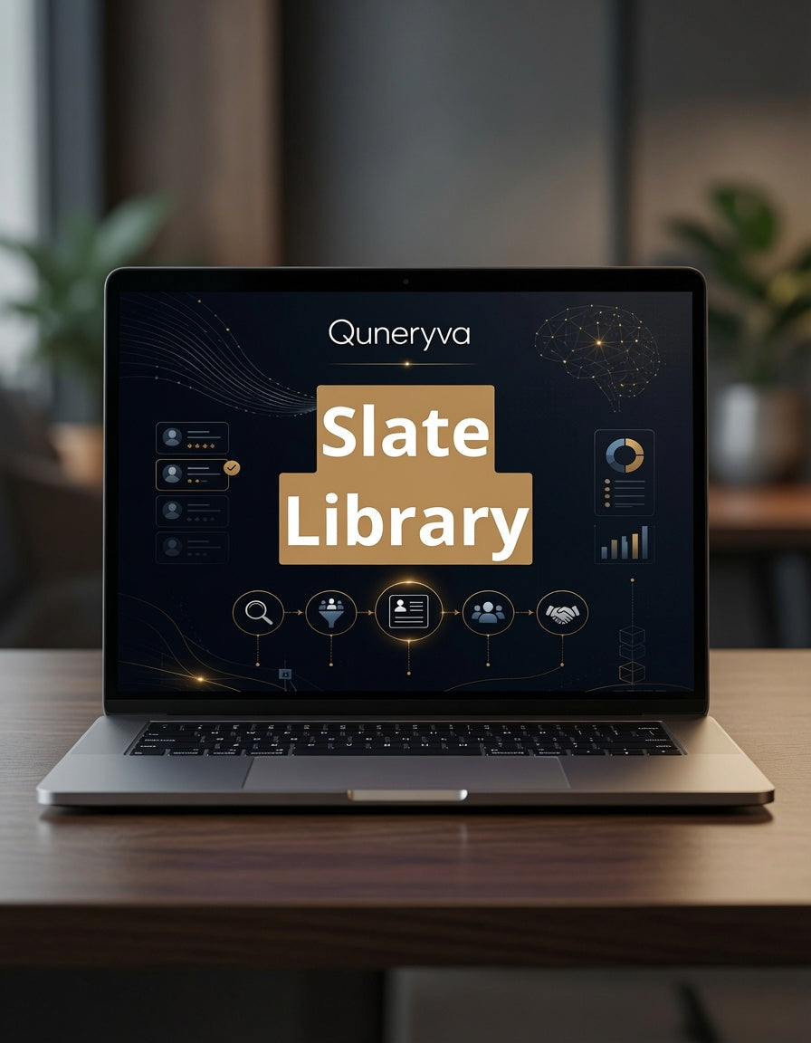 A silver laptop sits open on a wooden desk, displaying a dark dashboard interface with the text 'Quneryva' and large 'Slate Library' on the screen. The background is a softly blurred indoor office or home environment with warm lighting and plants.