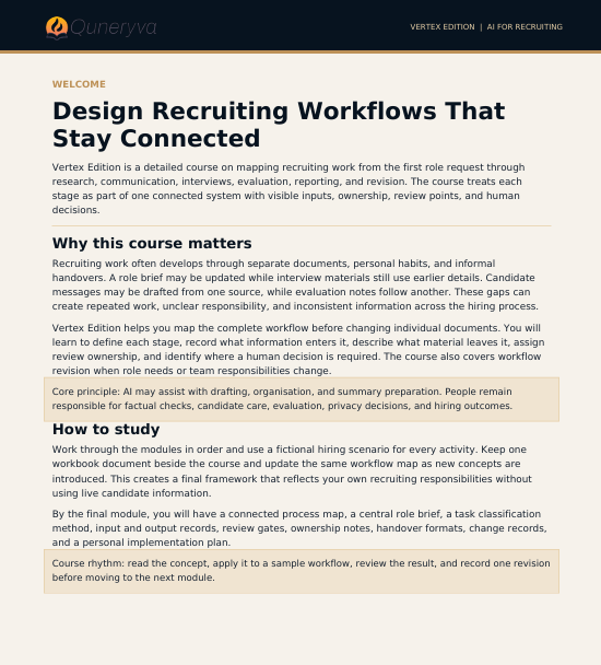 A digital preview of a course page titled 'Design Recruiting Workflows That Stay Connected' from Onelyfya, showing a structured curriculum outline with headings, bullet points, and a 'Why this course matters' section.