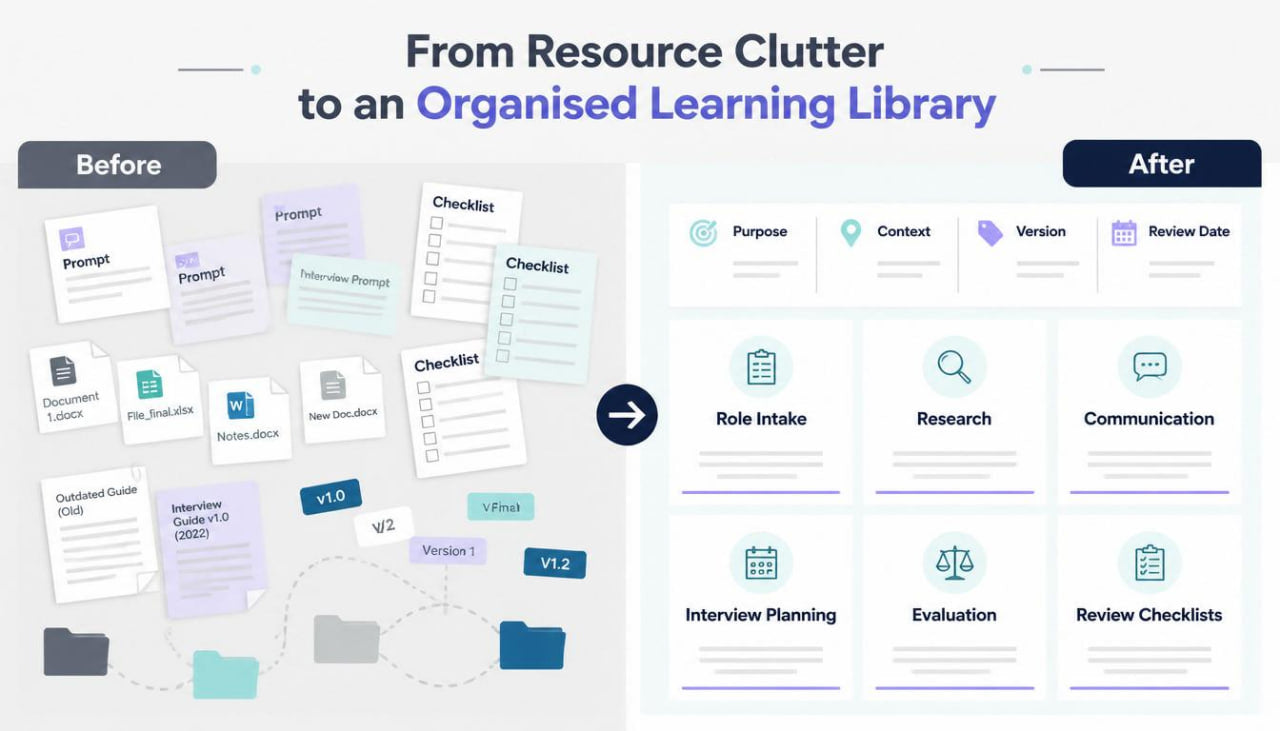 A digital infographic titled 'From Resource Clutter to an Organised Learning Library' comparing a messy 'Before' state with a structured 'After' state. The left side shows scattered document icons, folders, and checklist notes.