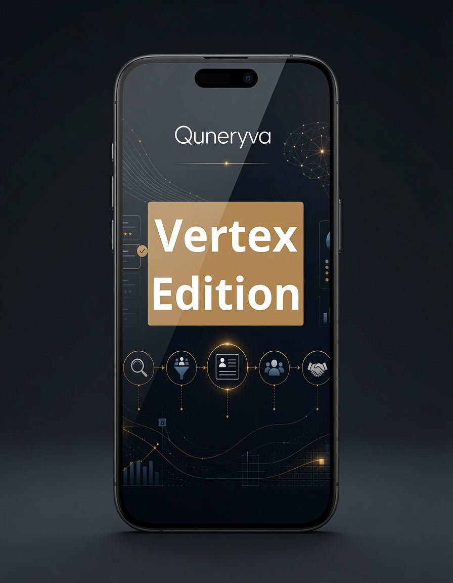 A smartphone centered on a dark studio background, displaying a software interface with the text 'Quneryva' and a large 'Vertex Edition' card on the screen.