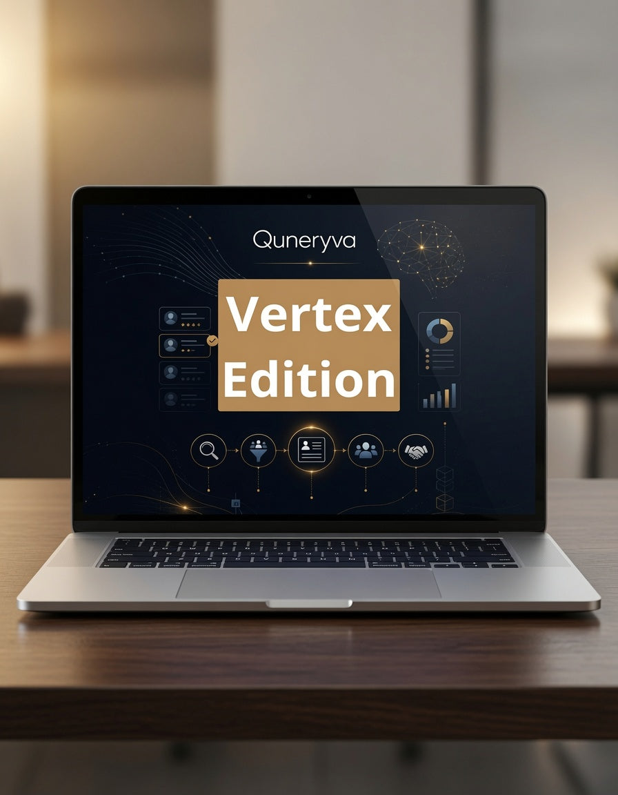 An open silver laptop sits on a wooden table, displaying a dark dashboard interface with the text 'Quneryva Vertex Edition' in gold and white. The background is a softly blurred indoor setting with warm lighting.
