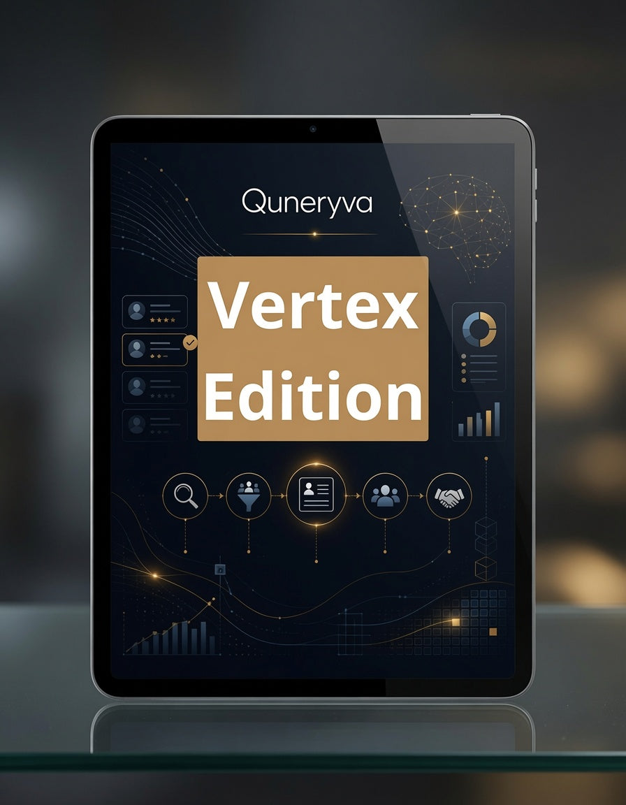 A tablet device displaying a digital cover design with the text 'Quneryva Vertex Edition' on a dark interface background, shown on a reflective surface against a blurred dark backdrop.