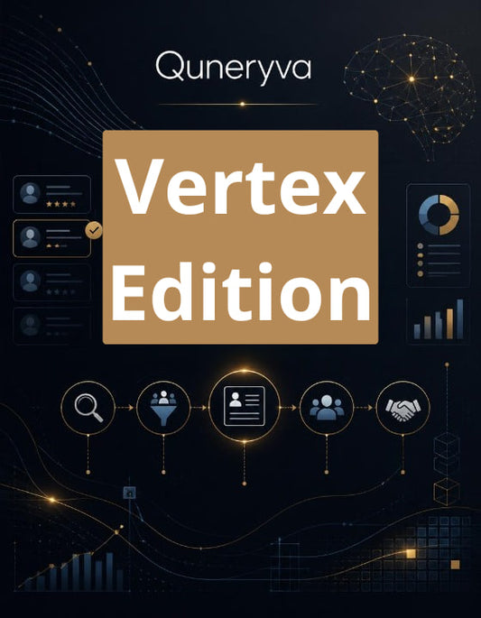 A digital cover graphic for 'Vertex Edition' by Quneryva, featuring a central tan square with white text on a dark navy background decorated with abstract business and network graphics.